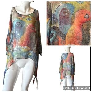 Cocoon House Handmade Silk Sheer Mosaic Bird Blue Multi Tunic Top Size L/XL